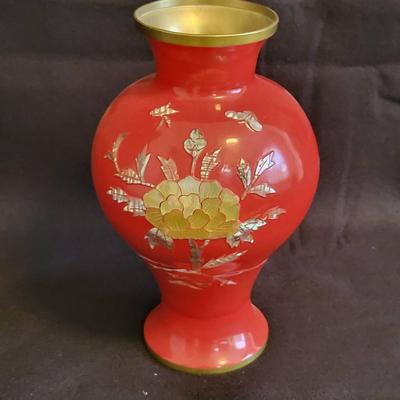 Vintage Korean Red Cloisonne' Vase with Mother of Pearl Inlay