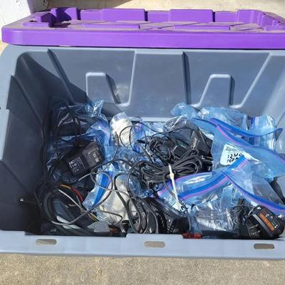Plastic Tote Full Of Random Chargers, Cords, Etc