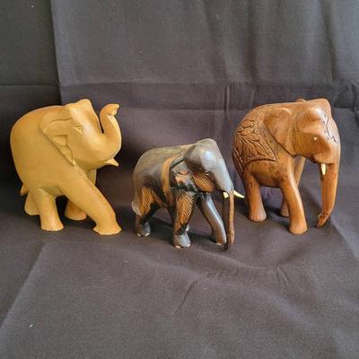 (3) Carved Wood Elephants