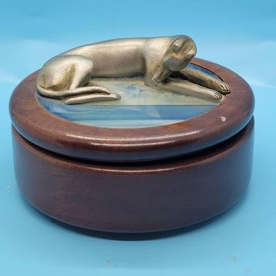 Blue Agate/Wood Trinket Box with Pewter Greyhound Whippet