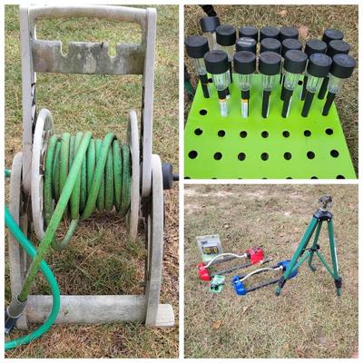 Assorted Lawncare Items: Hose Reel and Hose, Sprinklers, Timer, Garden Lights, ETc