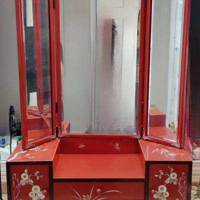 Vintage Red Lacquer Counter Top Vanity with Trifold Beveled Mirrors 