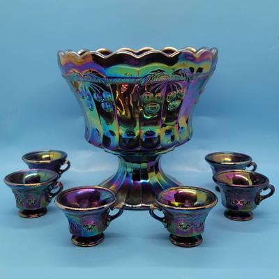 Cherry Thumbprint Purple Carnival Glass Child's Punch Set by Mosser 1980's