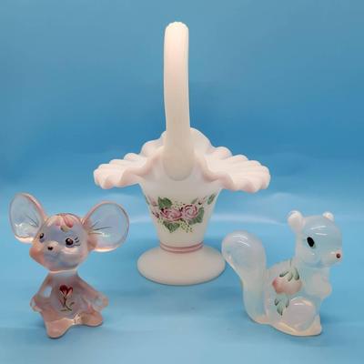 (3) Handpainted Fenton items: 6.5" Basket, 3" Mouse, 2.5" Squirrel