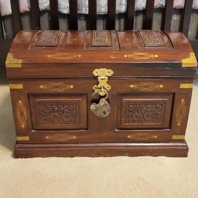 Handmade, Hand Carved and Painted Chest-Brass Handles, Brass Lock w/Key, Brass Corners, Inside Tray