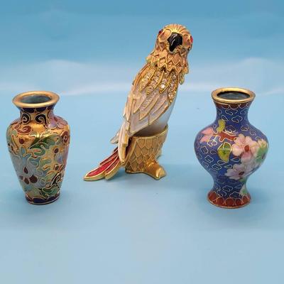 Rhinestone & Enamel Perfume Bottle & (2) Mini Cloisonne' Vases