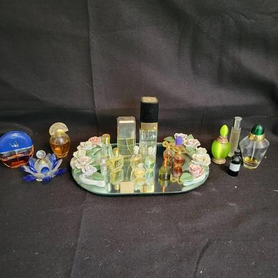Mirrored Vanity Tray With Porcelain Flowers, Chanel Perfume, Assorted Perfumes And Bottles