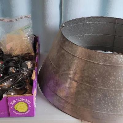 Galvanized Christmas Tree Collar & Box Of Assorted Christmas Lights