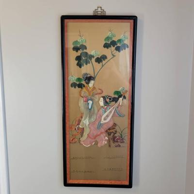 Japanese Carved Figures Wall Panel with Brass Hanger