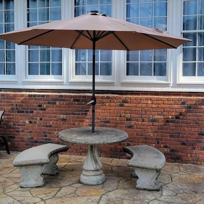 Concrete Table With 2 Benches & Umbrella