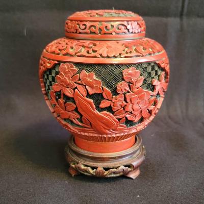 Finely Layered, Cinnabar Lacquered Brass Compote with Handcarved Stand from Mainland China