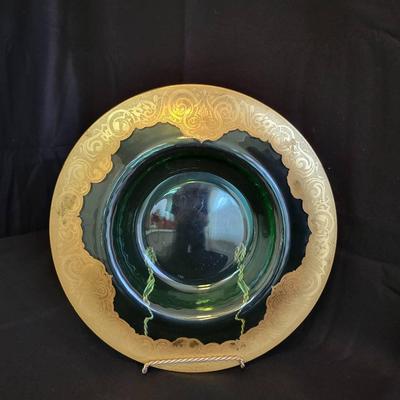15" Green Glass Console Bowl with Gold Trim