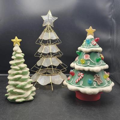 (3) Christmas Trees: Capiz Shell Tea Light Holder, Hallmark Lighted Ceramic, Glitter Ceramic