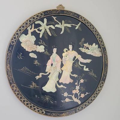 Round Black Lacquer & Mother of Pearl Wall Plaque with Brass Hanger