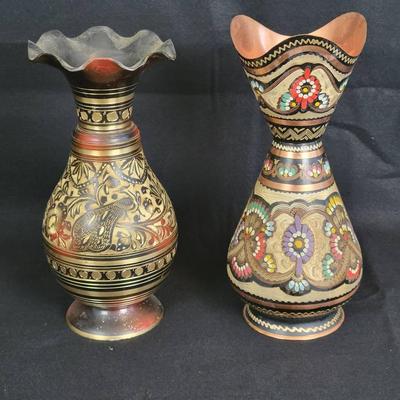 (2) Etched & Painted Vases: 9.75" Brass Vase, 10.5" Copper Vase