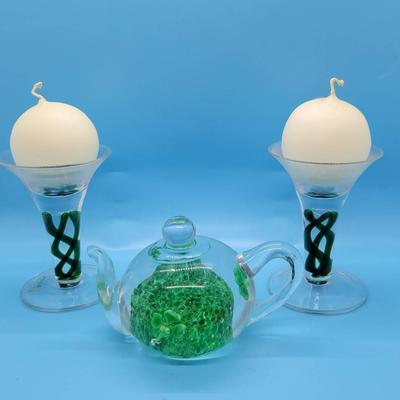 Art Glass Teapot Paperweight & Pair of Avoca Art Glass Candle Holders
