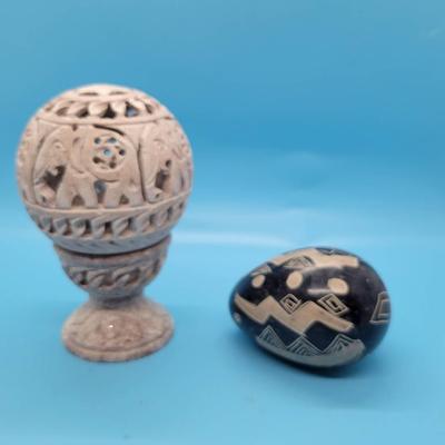 Handmade Soapstone Tealight Candleholder & Carved Soapstone Egg