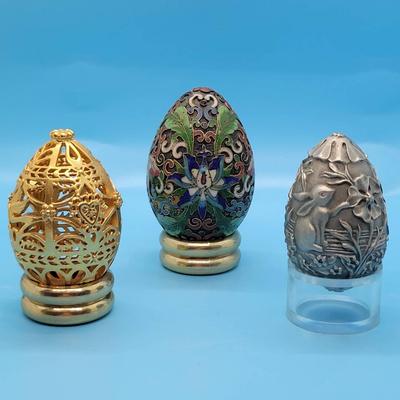 (3) Collectible Eggs: Franklin Mint Pewter Egg, Franklin Mint Golden Filigree Egg, Cloisonne' Egg