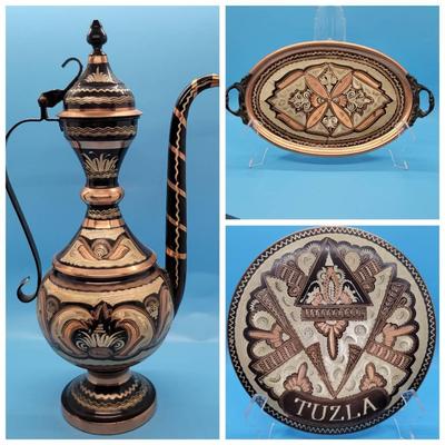 (3) Etched Copper Decorative Items from Turkey & Bosnia