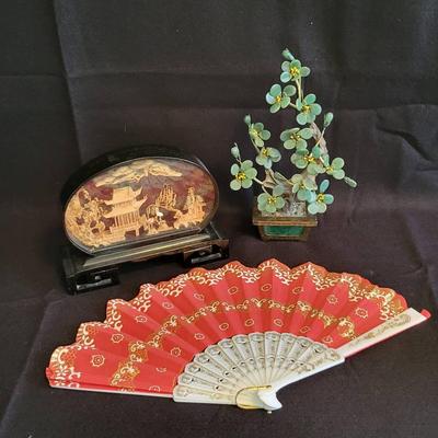 Mini Jade Bonsai Tree in Brass Container, Vintage Cork Art Diorama, Fan