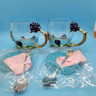 (2) ARC Glass Tea Cups with Enamel Flowers