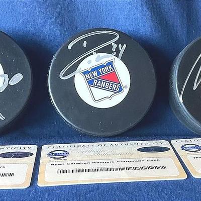 New York Rangers Autographed Pucks - Lundqvist, Callahan, Gaborik
