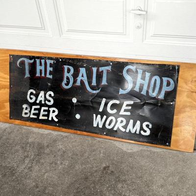 Vintage Tin Bait Shop Sign Mounted on Thick Board 