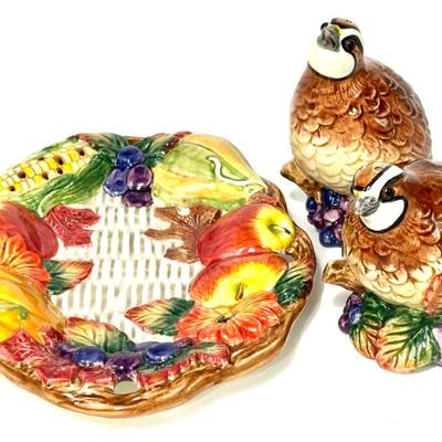 Fits and Floyd Autumn Bounty Salt and Pepper Shakers on Leaf Tray 