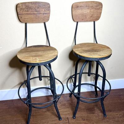 Set of 2 Rustic Wooden Swivel Barstools 