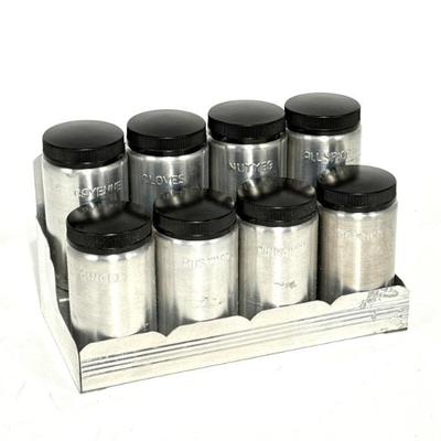 MCM Set of 8 Spun Aluminum Spice Jars with Rack - Made in Japan 