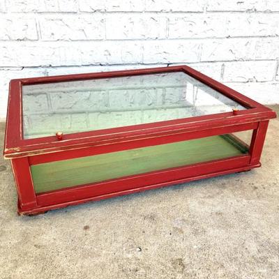 Attractive Red and Green Glass Showcase with Wood Frame 