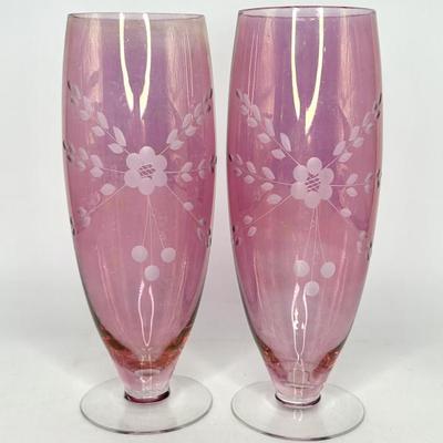 Set of 2 Vintage Etched Iridescent Cranberry Glasss 