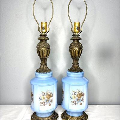 Set of 2 Vintage Glass Blue Lamps with Roses 