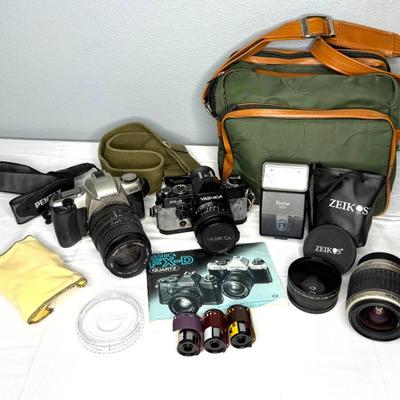 Vintage 35 MM Camera and Accessories Lot - Pentax, Yashica 