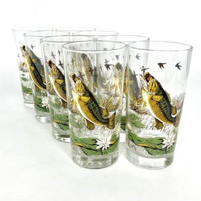 Vintage Set of 8 Libby Large Mouth Bass Fish Glasses 
