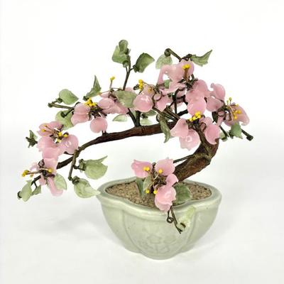 Vintage Glass Bonsai Tree with Pink Petals 