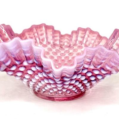 Vintage Fenton Cranberry Opalescent Hobnail Ruffled Bowl 