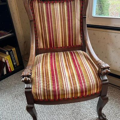 Carved Lions Upholstered Arm Chair with Claw Feet