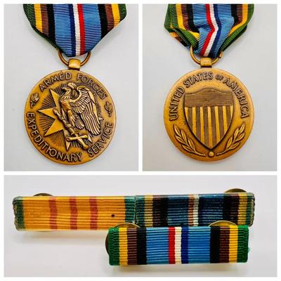 (3) Military Medals: Armed Forces Expeditionary Medal & WWII Ribbon Bars