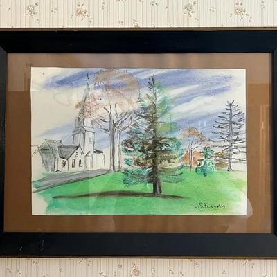23” Signed Framed Artwork — Landscape with Church & Evergreen