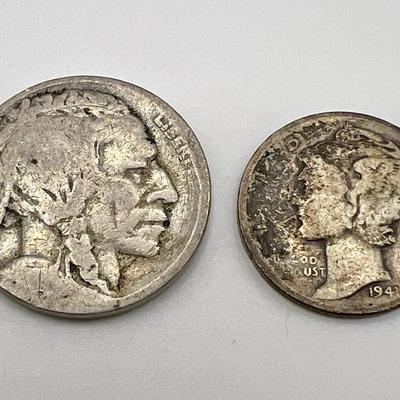 1941 Silver Mercury Dime & Buffalo Nickel Coin