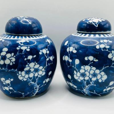 Pair of Cobalt Blue & White Porcelain Jars with Imperfect Lids