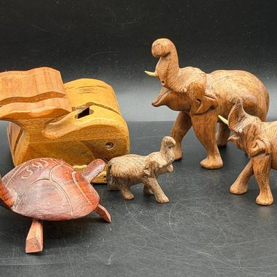Whale Trinket Box & Wooden Elephants 