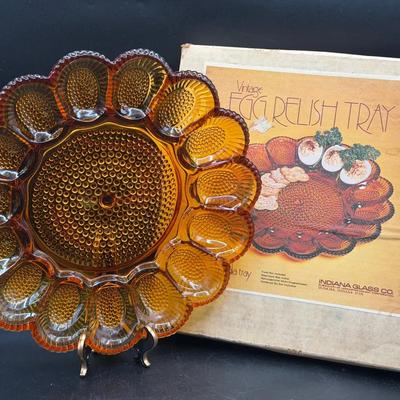 Indiana Glass Amber Deviled Egg Tray With Box 