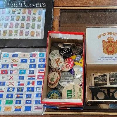 Vintage Stamps, Button Pins And German Stereogragh With Photos!