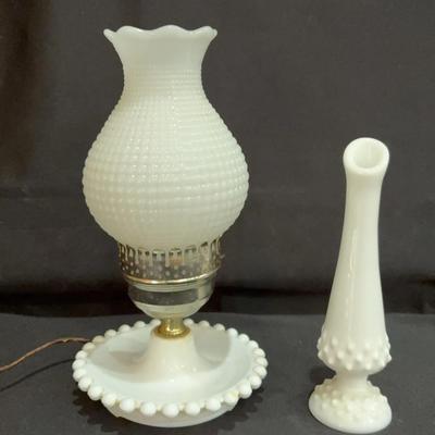 Hobnail Milk Glass Lamp & Vase
