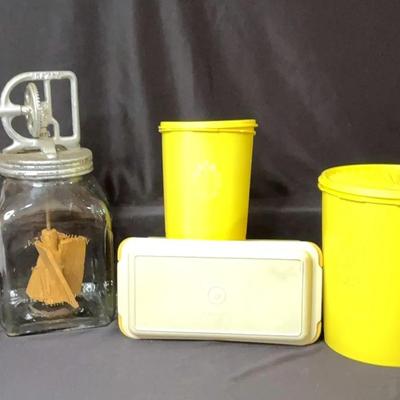 Antique Butter Churn & Yellow Tupperware