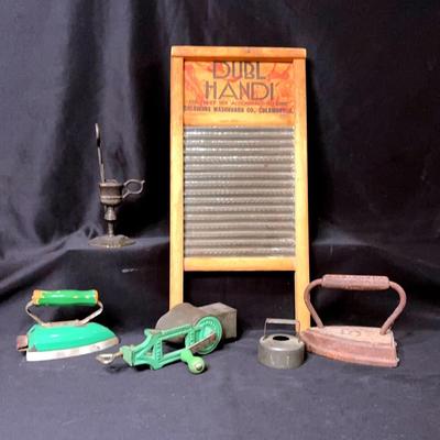 Antique Washboard, Iron, Grinder And More 