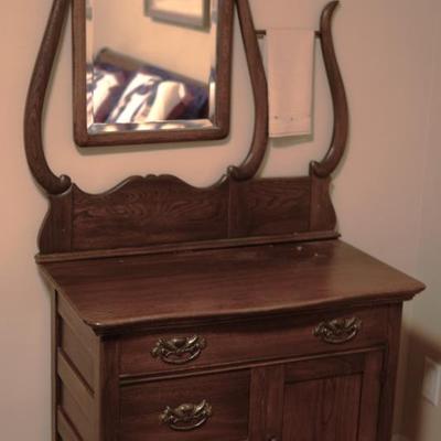 Sale Photo Thumbnail #36: Early 1900's oak washstand with swivel mirror, original oak finish 