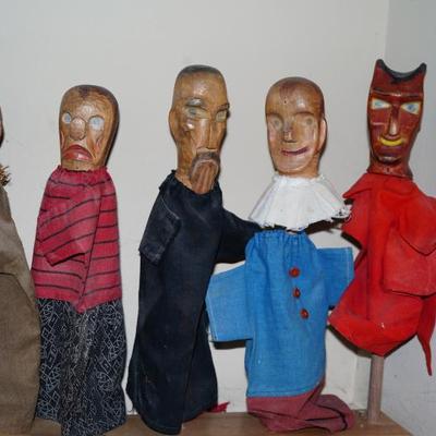 Sale Photo Thumbnail #28: This is a grouping of original early 20th century a=hand carved puppets that belonged to the owner. Other antiques throughout the sale. 